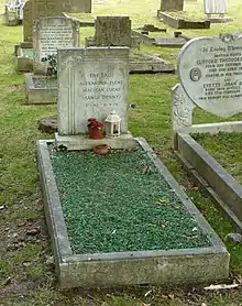 A grave covered with emerald-like gravel, with a granite headstone, surrounded by other graves