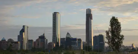 Santiago's Financial District with the Great Tower on the right and the Titanium on the left.