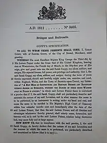 First page of Sarah Guppy's bridge patent of 1811