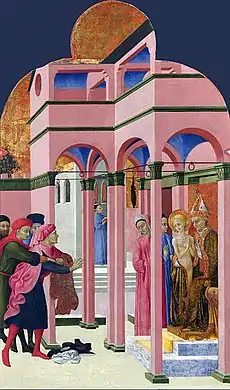 St Francis renounces his father by Sassetta, 1437–44. The father's patte, or possibly cornette, appears to be wound vertically through the bourrelet, which is rather flat. He wears a matching cloak. The companion who restrains him has a chaperon that looks like a turban.