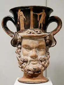 Satyr side of a janiform kantharos by Aison (420 BC)