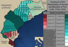 A map showing the expansion of the Municipality of Savona and Republic of Noli during the 1100s and 1200s. Sources are listed in the image's description.