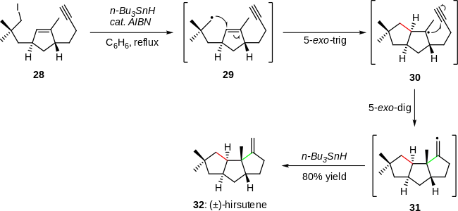 Scheme 6. Cascade
radical cyclization in the total synthesis of (±)-hirsutene