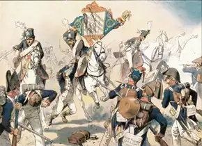 Color print of Prussian horsemen with death's head on their shakos charging through French infantry and capturing a standard