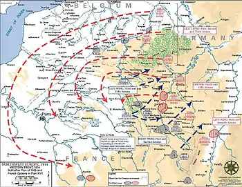 Map with broken lines showing the advance of the German army across northeastern France.