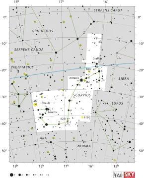 Diagram showing star positions and boundaries of the Scorpius constellation and its surroundings