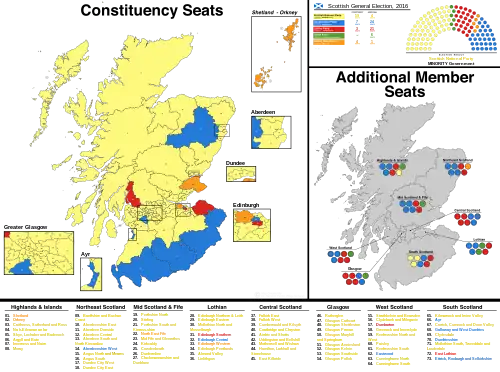 A map showing the constituency winners of the Election by their party colours.