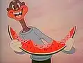 A character from the 1941 cartoon Scrub Me Mama with a Boogie Beat enjoying a watermelon.