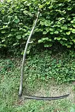 Photograph of a scythe leaned against a hedge