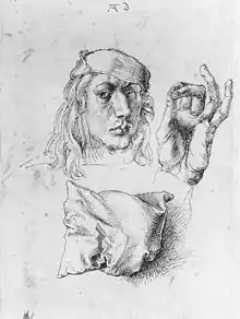 Self-portrait with a pillow, drawing of 1491–92. This study for the 1493 Louvre self-portrait was executed on the reverse of that canvas.