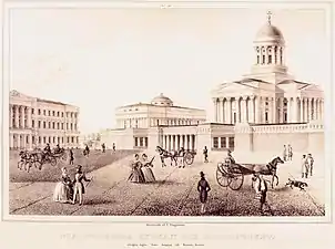 Lithograph of the square from 1838. The guard building in front of the cathedral was demolished in the 1840s and replaced with the large steps.