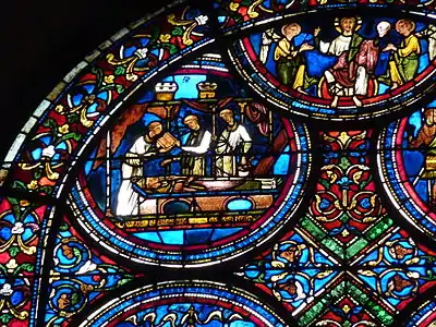 Detail of the Thomas Becket window.  Burial of the Saint. (13th c.)