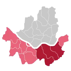 Districts in dark red are traditionally considered part of Gangnam, while districts in pink are sometimes considered part of Gangnam