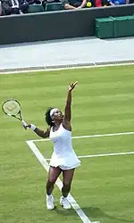 Serena Williams serving at the 2008 Wimbledon Championships.