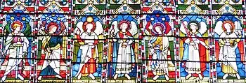 Seven archangels depicted in the stained-glass window at St Michael's Anglican Church, Brighton; from left: Michael, Gabriel, Uriel, Chamuel (Camael), Raphael, Jophiel, and Zadkiel