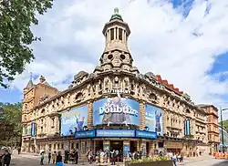 Shaftesbury Theatre exterior with Mrs. Doubtfire signage