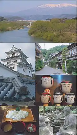 Shiroishi montage, Top: Zao Mount Range and Shiroishi River, Middle left: Shiroishi Castle, Middle upper right: Kamasaka Spa, Middle lower right: Yajiro Kokeshi, Bottom left: Shiroishi Hot Noodle (Umen), Bottom right: Mausoleum of the Katakura Clan.