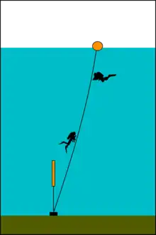 Bottom tensioned shotline: The line passes through a ring at the weight and is tensioned by a small float, often a small lift bag which can later help lift the shot as the air expands.