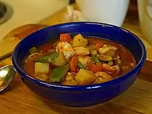 A broth-style seafood chowder prepared with shrimp