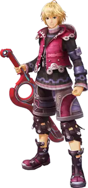 Artwork of Shulk, a young, blond man wearing a wine red vest and carrying a red sword