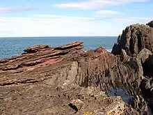 Hutton's angular unconformity at Siccar Point where Famennian age (371–359 Ma) Devonian Old Red Sandstone overlies Llandovery age (444–433 Ma) Silurian greywacke