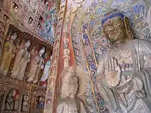 Buddhist art of painted relief sculptures from the Yungang Grottoes, Northern Wei dynasty (386-535 AD)