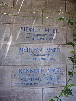 Inscription on the Myer gravesite.