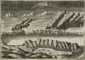 A black-and-white engraving of artillery firing across a river at a fort.