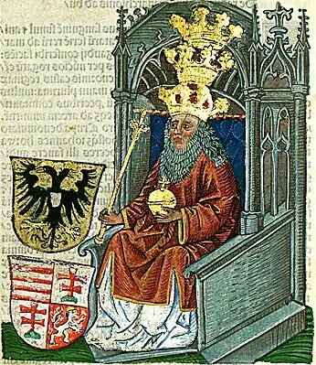 Chronica Hungarorum, Thuróczy chronicle, King Sigismund of Hungary, Sigismund Holy Roman Emperor, throne, crown, orb, scepter, double cross, Árpád stripes, Hungarian coat of arms, Coat of arms of the Holy Roman Empire, German coat of arms, Bohemian coat of arms, medieval, Hungarian chronicle, book, illustration, history