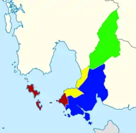 Sihanoukville Province districts:Sihanoukville Municipality (red), Stueng Hav (yellow), Prey Nob (blue), Kampong Seila (green)