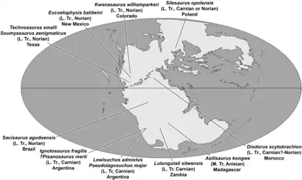 Map of the world during the Triassic with labels for where different animals lived