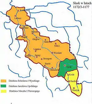 Silesia 1172-77: Duchy of Racibórz (Mieszko Tanglefoot) in yellow, Duchy of Opole (Jarosław) in green