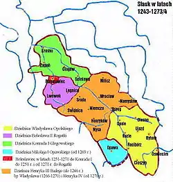 Silesia 1249-1273: Creation of the Duchy of Głogów (green) for Konrad I from the territory of Bolesław II the Bald of Legnica (violet)