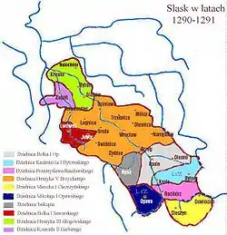 Silesia duchies in 1290–91:Teschen under Mieszko I in yellow