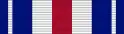 A horizontal blue bar ribbon charged with two thin white bars off of the left and right ends and three equal-width bars in the center (red in the center surrounded by white on either side)