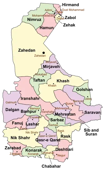 Location of Saravan County in Sistan and Baluchestan province (right, purple)