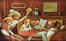 A painting of dogs sitting around a table.