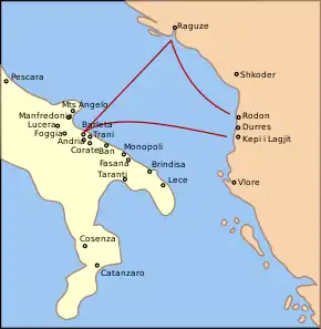  A map showing the routes taken Skanderbeg and his subordinates across the Adriatic Sea to Southern Italy.