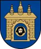 A coat of arms depicting a grey castle with three towers topped by crosses with a human head on the front door all on a blue background