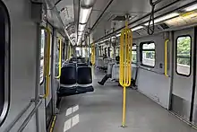 An almost empty SkyTrain; normally trains would be packed full of people.