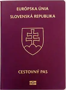 The front cover of Slovak passport with the coat of arms at the front page