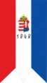 This flag from the Slovak Uprising of 1848 was one of the first depictions of Slovak coat of arms with three hills in blue colour. On this flag, whole Hungarian coat of arms was adopted, along with Árpád stripes(1848–1849)