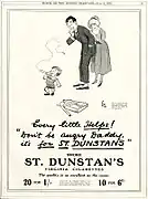 In a 1922 ad, a small child, smoking a cigarette, tells his amused parents not to worry, as he is smoking for a veteran's charity. Children were often used in early cigarette ads, where they helped normalize smoking as part of family living, and gave associations of purity, vibrancy, and life.