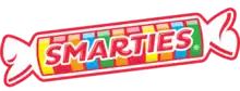 The Smarties Candy Company logo on a transparent background. The logo consists of an illustration of a roll of Smarties wafer candies. The wafers are multicolored, and the roll is emblazened with the word "SMARTIES" in red.