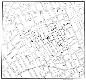 A black and white map John Snow's cholera map of the 1854 Broad Street cholera outbreak, with houses of infected people marked in black.