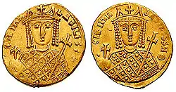 Obverse and reverse of a gold coin, showing the bust of a crowned woman, holding scepter and globus cruciger