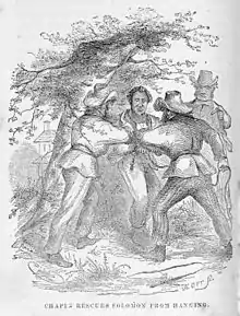 An illustration from Twelve Years A Slave, the memoir of Solomon Northup, 1853: "Rescues Solomon from Hanging"