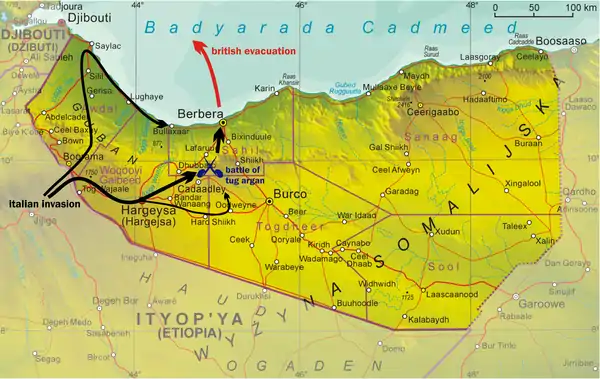 Map of invasion route of the Italian conquest of British Somaliland in August 1940