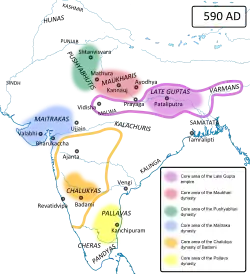 Maitrakas (in blue) and their contemporaries in India  in 590 AD