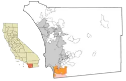 The South Bay region, with cities shown in orange, the unincorporated community Bonita in pale orange, and South San Diego in pink